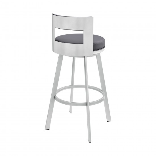 Lynof Swivel Counter Stool in Silver Metal with Grey Faux Leather