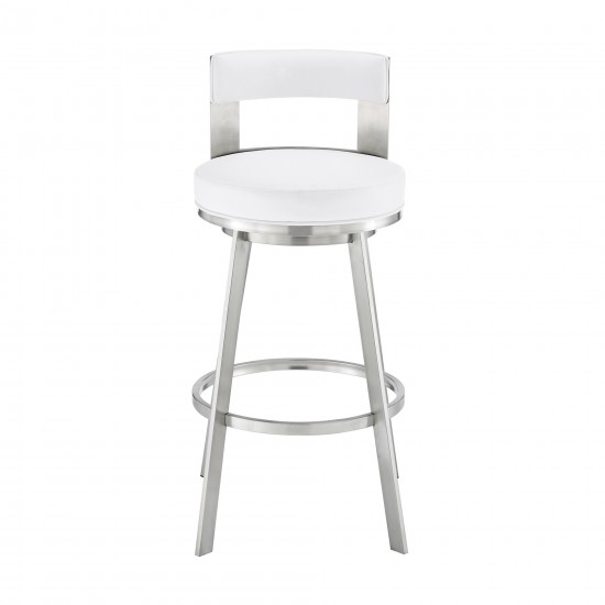 Lynof Swivel Counter Stool in Brushed Stainless Steel with White Faux Leather