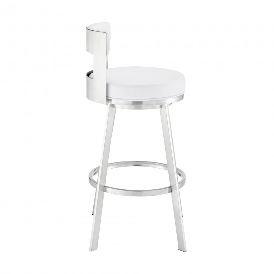 Lynof Swivel Counter Stool in Brushed Stainless Steel with White Faux Leather