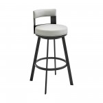 Lynof Swivel Bar Stool in Black Metal with Light Grey Faux Leather