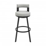 Lynof Swivel Bar Stool in Black Metal with Light Grey Faux Leather