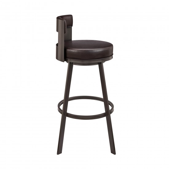 Lynof Swivel Bar Stool in Brown Metal with Brown Faux Leather