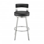 Lynof Swivel Bar Stool in Brushed Stainless Steel with Black Faux Leather