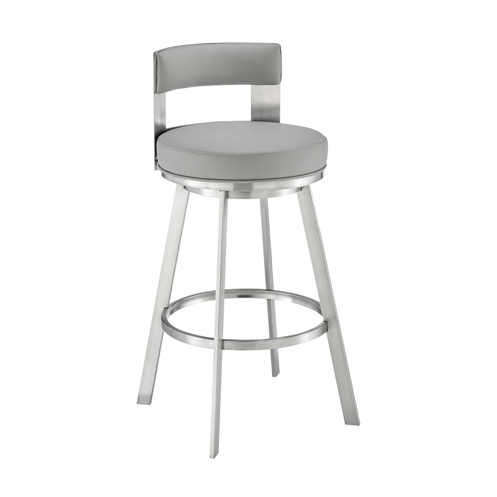 Lynof Swivel Bar Stool in Brushed Stainless Steel with Light Grey Faux Leather