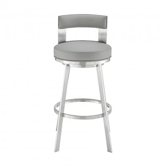 Lynof Swivel Bar Stool in Brushed Stainless Steel with Light Grey Faux Leather