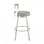 Lynof Swivel Bar Stool in Brushed Stainless Steel with Light Grey Faux Leather