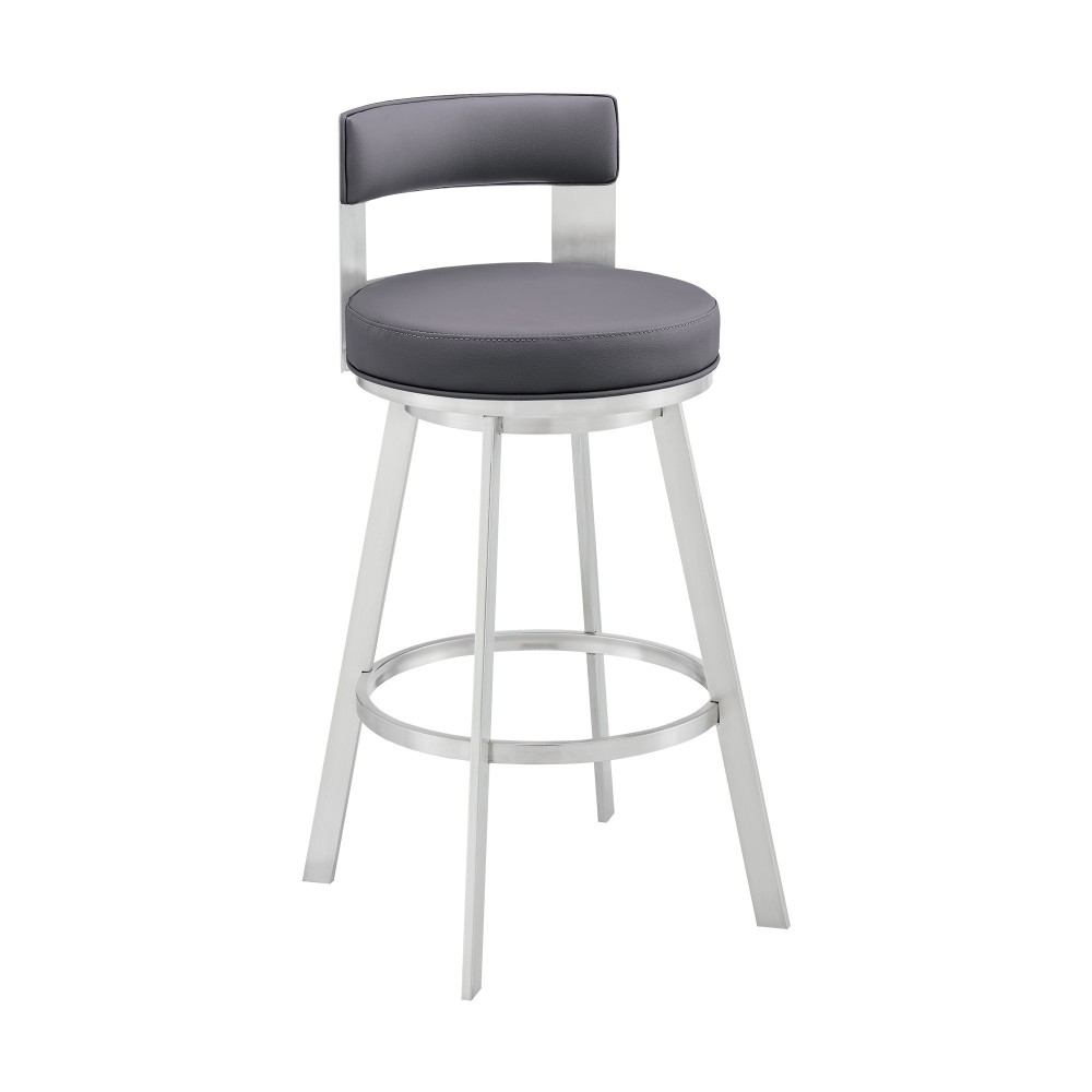 Lynof Swivel Bar Stool in Silver Metal with Grey Faux Leather