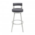 Lynof Swivel Bar Stool in Silver Metal with Grey Faux Leather