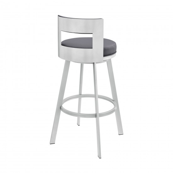 Lynof Swivel Bar Stool in Silver Metal with Grey Faux Leather