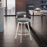 Lynof Swivel Bar Stool in Silver Metal with Grey Faux Leather