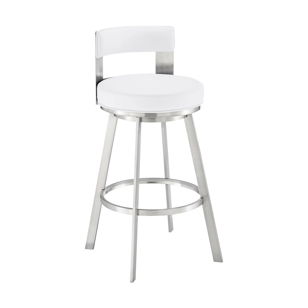 Lynof Swivel Bar Stool in Brushed Stainless Steel with White Faux Leather