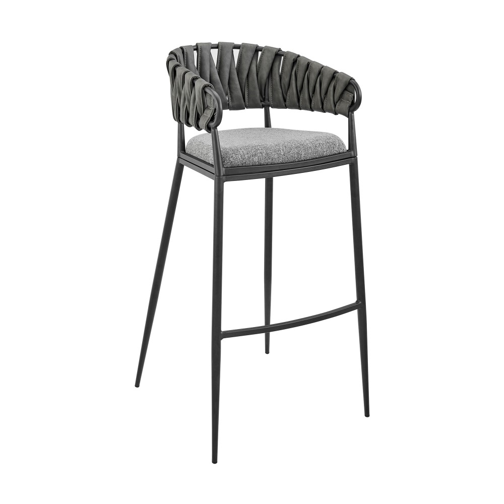 Vigona Bar Stool in Black Metal with Grey Fabric and Faux Leather