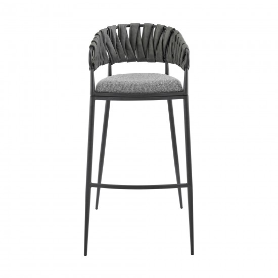 Vigona Bar Stool in Black Metal with Grey Fabric and Faux Leather