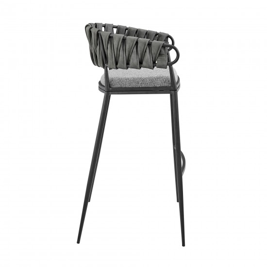 Vigona Bar Stool in Black Metal with Grey Fabric and Faux Leather