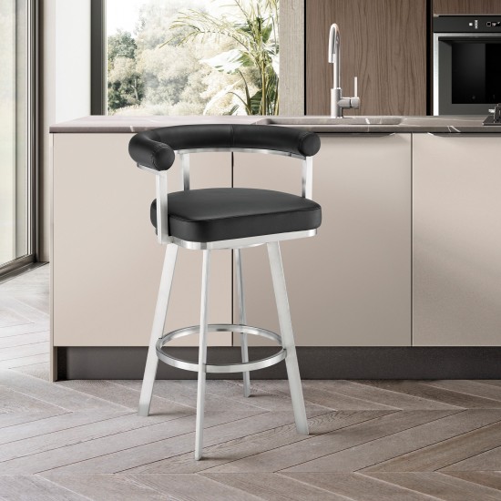 Nolagam Swivel Counter Stool in Brushed Stainless Steel with Black Faux Leather