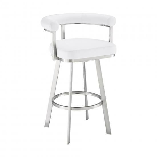 Nolagam Swivel Counter Stool in Brushed Stainless Steel with White Faux Leather