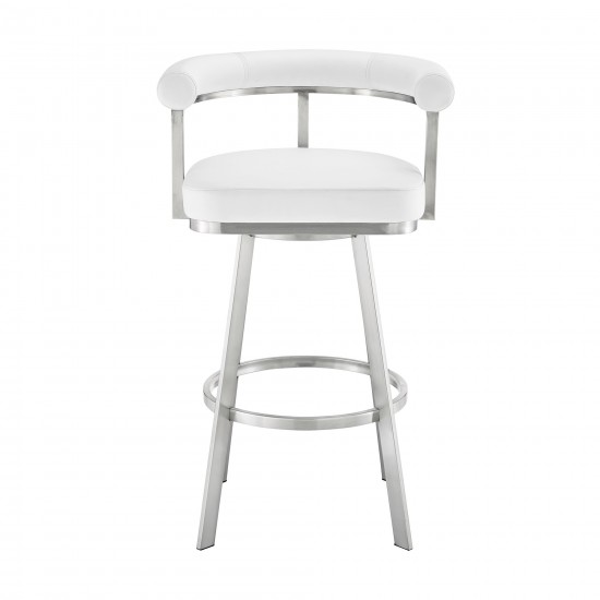 Nolagam Swivel Counter Stool in Brushed Stainless Steel with White Faux Leather