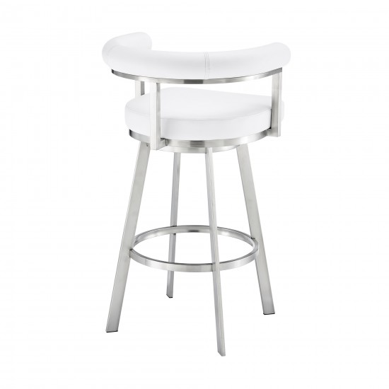 Nolagam Swivel Counter Stool in Brushed Stainless Steel with White Faux Leather
