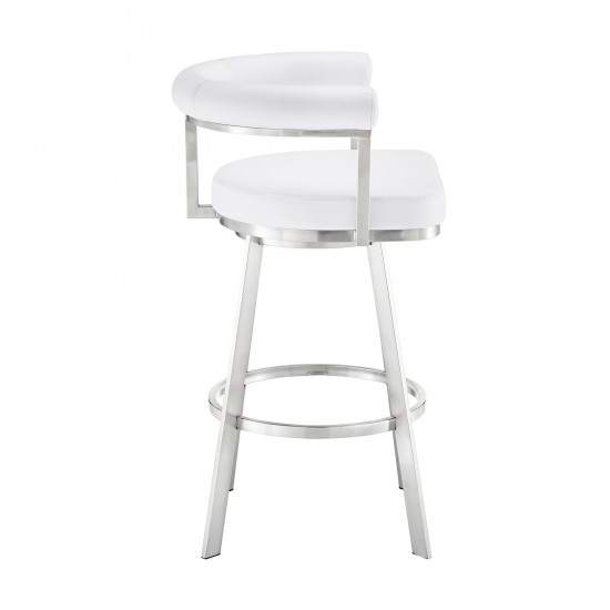 Nolagam Swivel Bar Stool in Brushed Stainless Steel with White Faux Leather