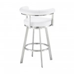 Nolagam Swivel Bar Stool in Brushed Stainless Steel with White Faux Leather