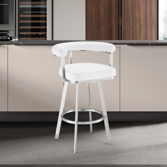 Nolagam Swivel Bar Stool in Brushed Stainless Steel with White Faux Leather
