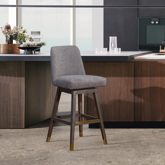 Amalie Swivel Counter Stool in Grey Oak Wood Finish with Mocha Fabric