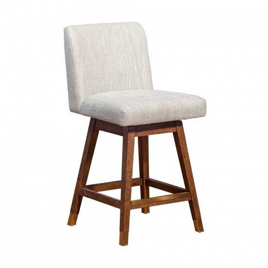 Basila Swivel Counter Stool in Brown Oak Wood Finish with Beige Fabric