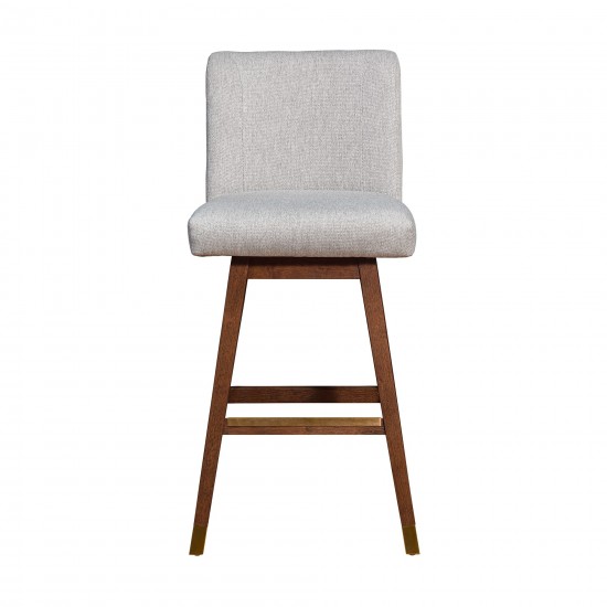 Basila Swivel Bar Stool in Brown Oak Wood Finish with Taupe Fabric