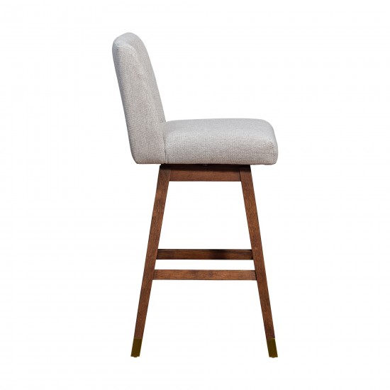 Basila Swivel Bar Stool in Brown Oak Wood Finish with Taupe Fabric