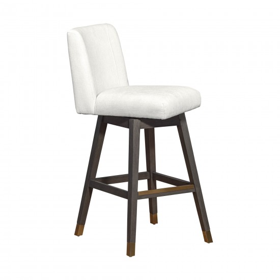 Basila Swivel Bar Stool in Grey Oak Wood Finish with Pearl Fabric