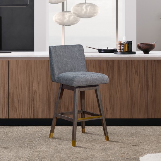 Basila Swivel Counter Stool in Grey Oak Wood Finish with Grey Fabric