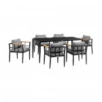 Beowulf Patio 7-Piece Dining Table Set in Aluminum and Teak with Grey Cushions