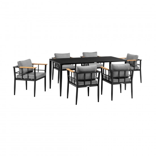 Beowulf Patio 7-Piece Dining Table Set in Aluminum and Teak with Grey Cushions