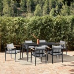 Beowulf Patio 7-Piece Dining Table Set in Aluminum and Teak with Grey Cushions