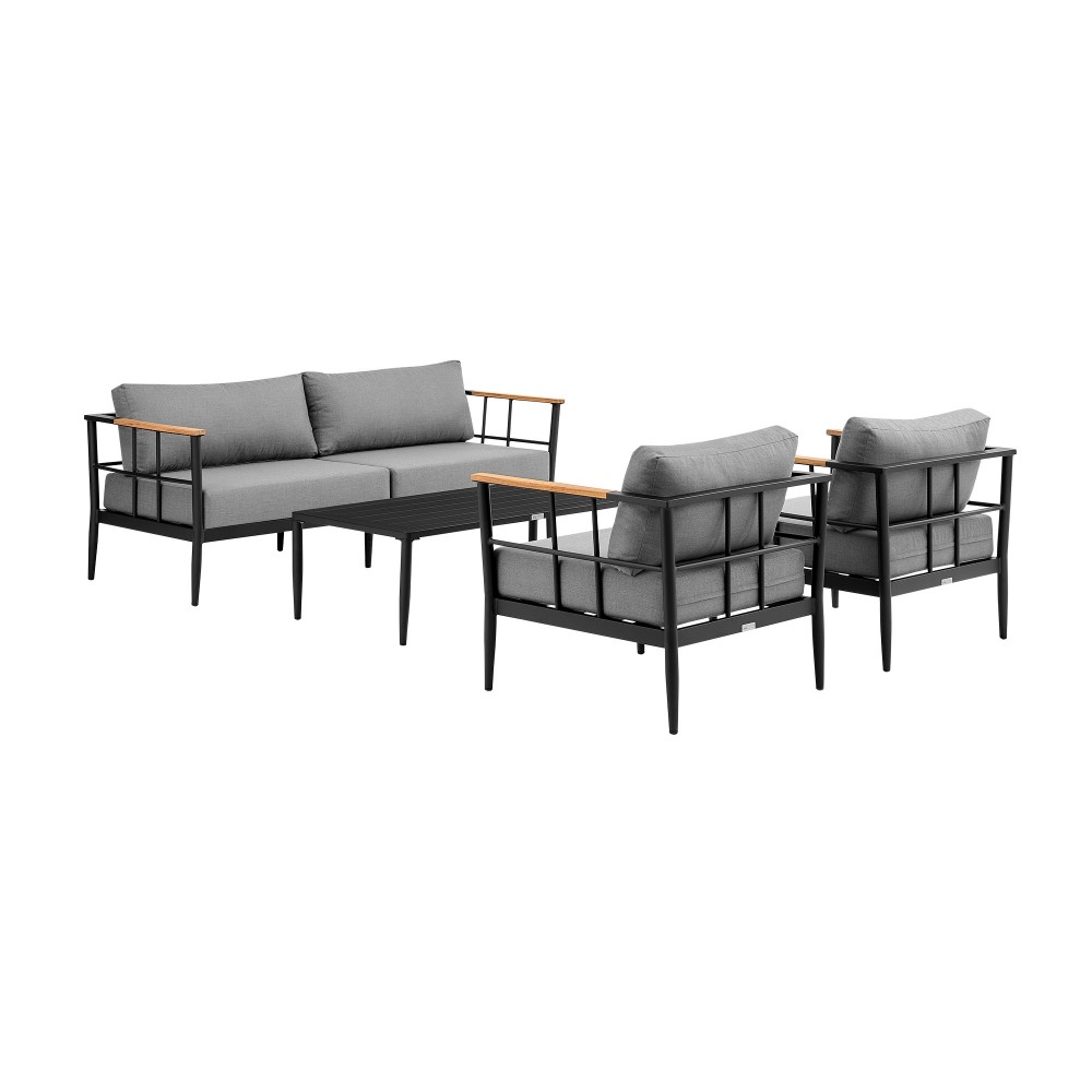 Shari Patio 4-Piece Lounge Set in Aluminum with Teak Wood and Grey Cushions