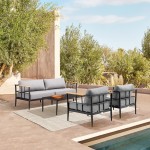 Shari Patio 4-Piece Lounge Set in Aluminum with Teak Wood and Grey Cushions