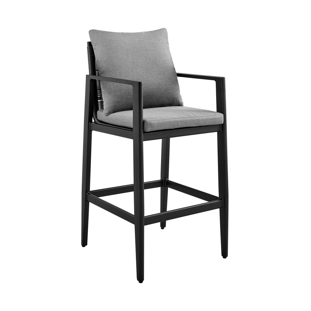 Grand Outdoor Patio Counter Height Bar Stool in Aluminum with Grey Cushions