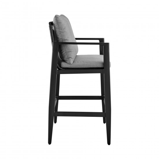 Grand Outdoor Patio Bar Stool in Aluminum with Grey Cushions