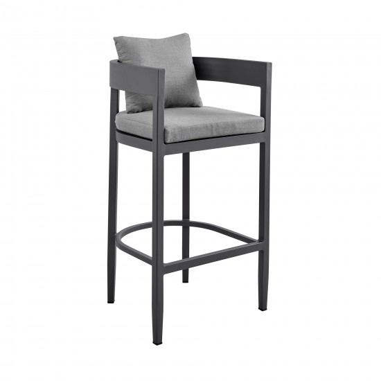 Argiope Outdoor Patio Counter Height Bar Stool in Aluminum with Grey Cushions