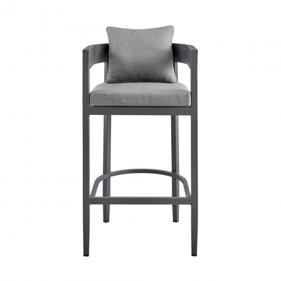 Argiope Outdoor Patio Counter Height Bar Stool in Aluminum with Grey Cushions