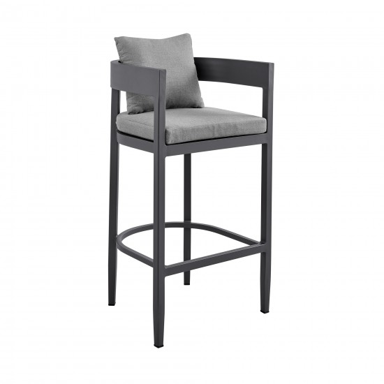 Argiope Outdoor Patio Bar Stool in Aluminum with Grey Cushions