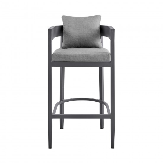 Argiope Outdoor Patio Bar Stool in Aluminum with Grey Cushions