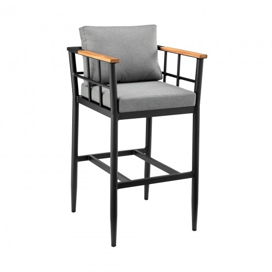 Wiglaf Patio Counter Height Bar Stool in Aluminum and Teak with Grey Cushions