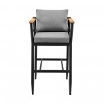 Wiglaf Patio Counter Height Bar Stool in Aluminum and Teak with Grey Cushions