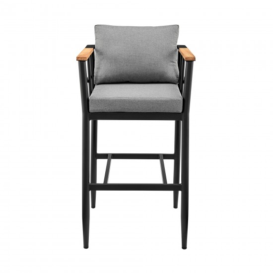 Wiglaf Patio Counter Height Bar Stool in Aluminum and Teak with Grey Cushions