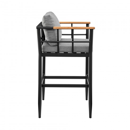 Wiglaf Patio Counter Height Bar Stool in Aluminum and Teak with Grey Cushions