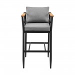 Wiglaf Outdoor Patio Bar Stool in Aluminum and Teak with Grey Cushions