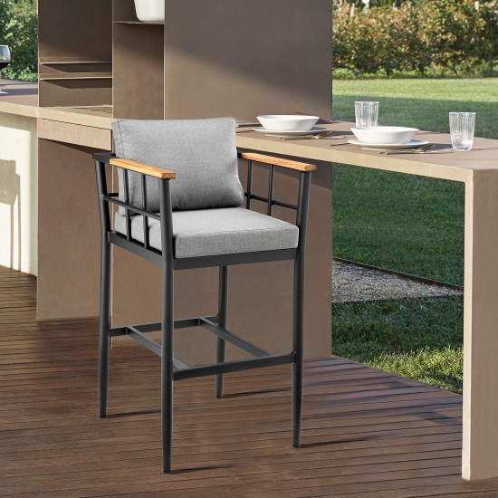 Wiglaf Outdoor Patio Bar Stool in Aluminum and Teak with Grey Cushions