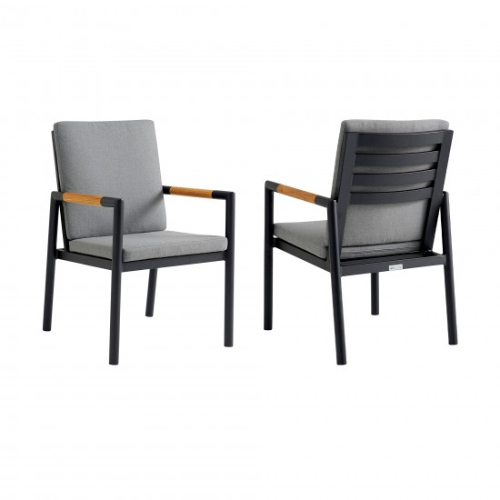 Royal Black Aluminum and Teak Dining Chair with Dark Gray Fabric - Set of 2