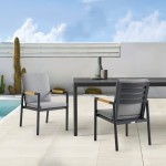 Royal Black Aluminum and Teak Dining Chair with Dark Gray Fabric - Set of 2